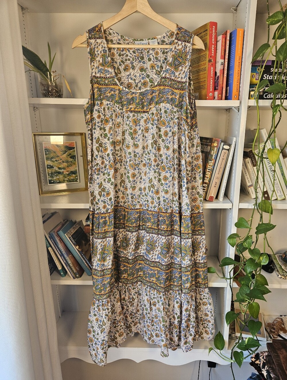 Midi Dress Floral Sundress Tiered White Blue Yellow Cotton Size Large Boho Beach